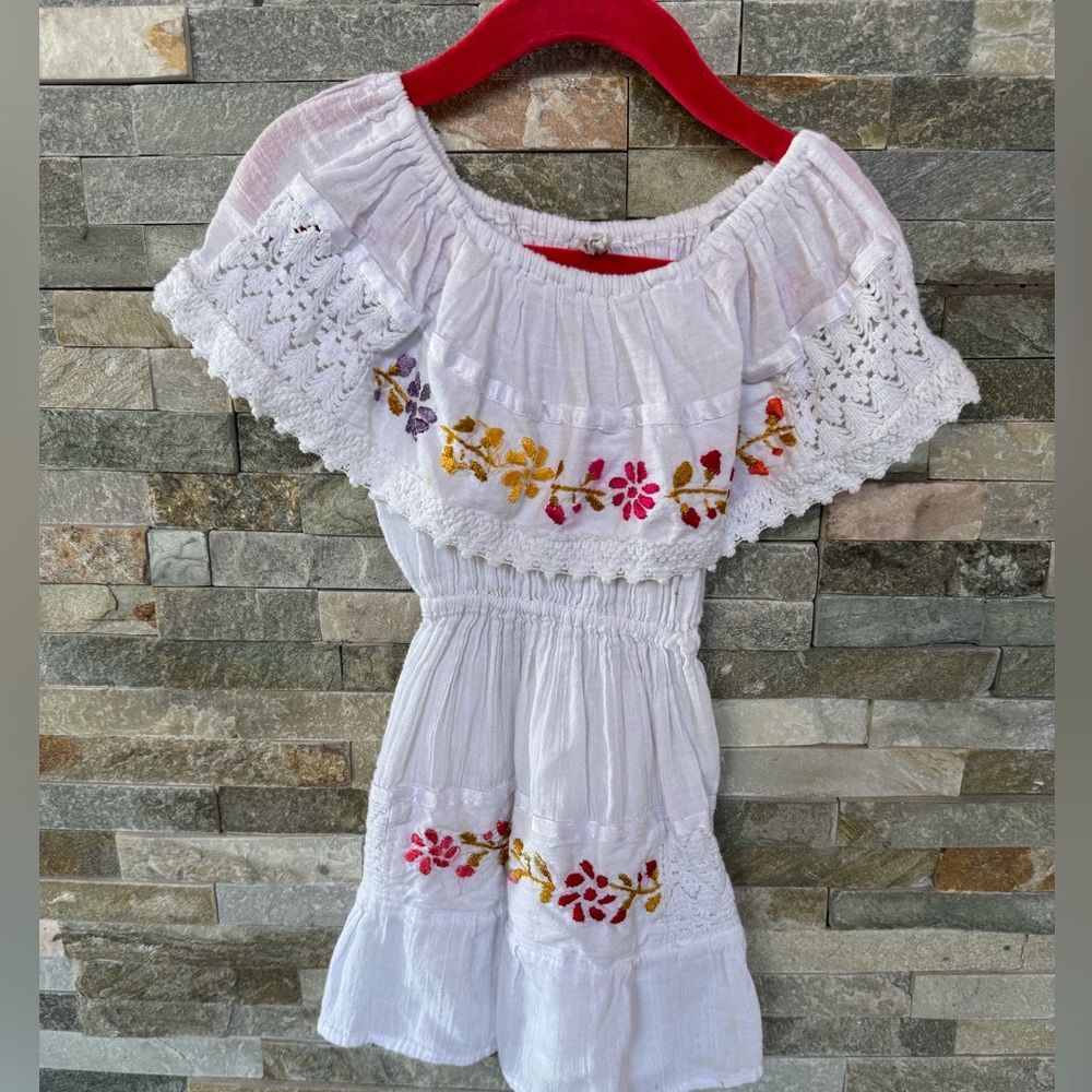 White Floral Embroidered Kids Dress/ Mexican dress